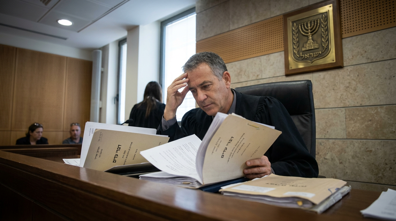 שופט דן בתיק בבית משפט, עם מסמכים מונחים לפניו